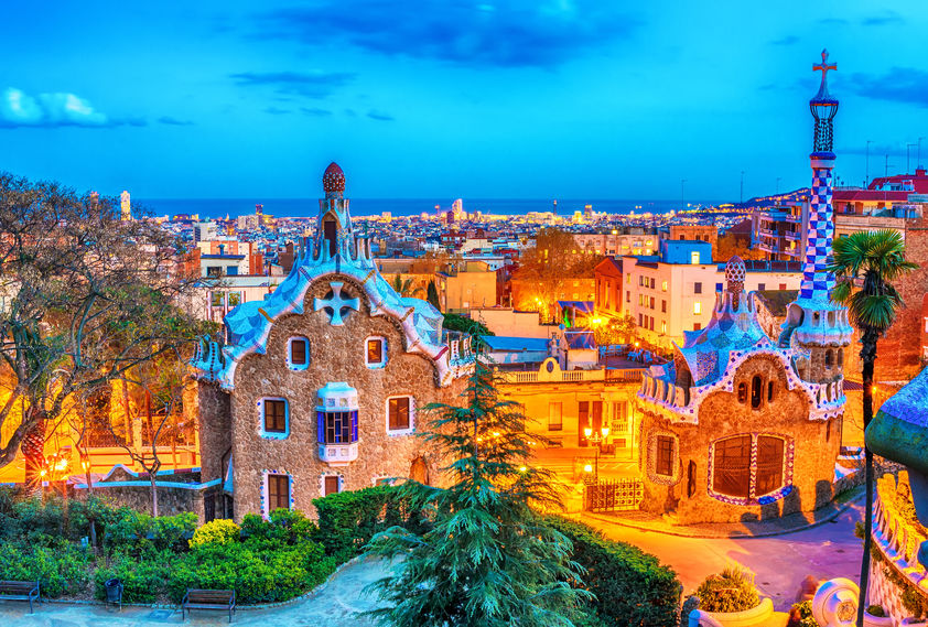 Barcelona, Catalonia, Spain: the Park Guell of Antoni Gaudi at sunset